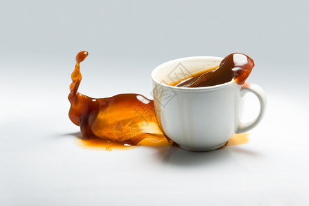 坠落液体一杯咖啡在白色背景下跌落和溢出倒在白底事故图片