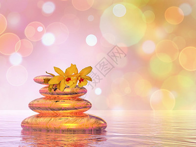 和平的石块与两朵橙色布OKH背景的花朵相平衡3D自然石头数字的图片