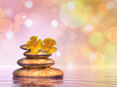 松弛和平的石块与两朵橙色布OKH背景的花朵相平衡3D亚洲人岩石图片