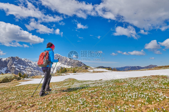 休息北欧的一个女人走在山地草上带着花椰子朵番红图片