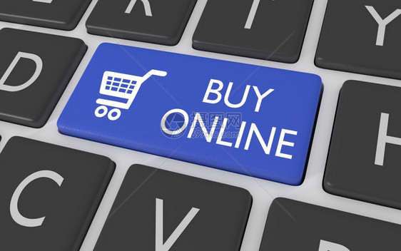 显示一个蓝色计算机键盘按钮带有购物车的符号和购买在线等字象征卖产品图片