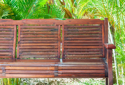 露台休息靠近在小花园附的旧木板凳图片
