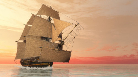 美丽的老船HSM胜利号在日落前海上漂浮3D变成老的HSM胜利号3D自然桅杆运输图片