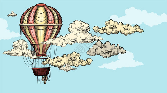 飞艇旅行优质的云层之间天空中的旧气球手画矢量插图图片