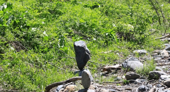 石头夏天阿尔卑斯山Caucasus山河附近的平衡石块图片