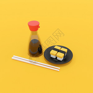 海藻三维插图3D黑色小餐桌上的鸡蛋寿司配有筷子和酱油瓶食物形象的图片
