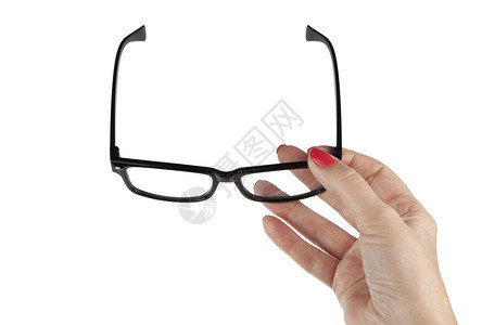 保护配饰近视女手持黑色眼镜与白背景隔绝的黑墨镜图片