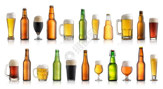 目的不同白色背景一组不同啤酒单独隔开玻璃图片
