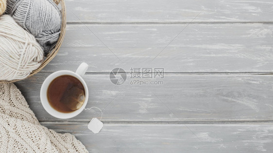 带有复制空间的茶杯串维他命织物酸奶图片