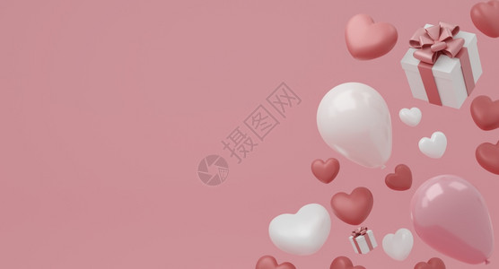 婚礼快乐的情人节概念粉红心气球和白色礼物盒带有粉红色背景3D的丝带白色图片