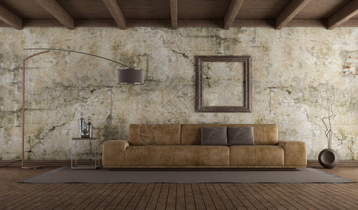 渲染优雅的带有旧墙硬木地板和天花的室内现代皮革沙发房中的现代皮沙发3D制成配有旧墙的室内现代皮沙发房间图片