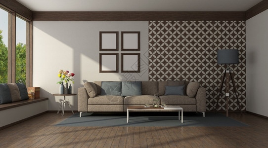 框架木制的镶板棕色沙发在墙前现代起居室用瓷砖建在壁上3D将现代沙发建在有瓷砖的墙前图片