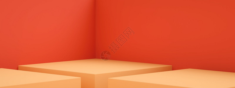 内部的或者网络3D空房间室内设计或红墙上橙色的展台显示产品的空白方格全景图象图片