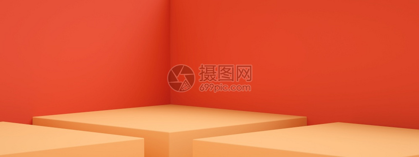 内部的或者网络3D空房间室内设计或红墙上橙色的展台显示产品的空白方格全景图象图片