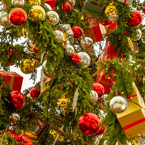 丰富多彩的盛大圣诞树装饰着银球和红包裹在装纸近视的里壮观华而不实图片