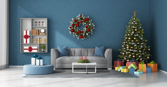 咖啡金家具室内的渲染蓝色客厅有圣诞树和丰富多彩的礼物3D为蓝色客厅配有圣诞装饰品设计图片