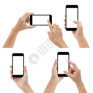 细胞移动的手持势使用白色背景上隔离的电话小路图片