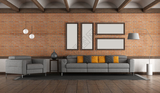 带有砖墙Graysofa和手椅的客厅以及用砖墙和现代家具的有砖墙和现代化家具的客厅木头室内植物部的图片