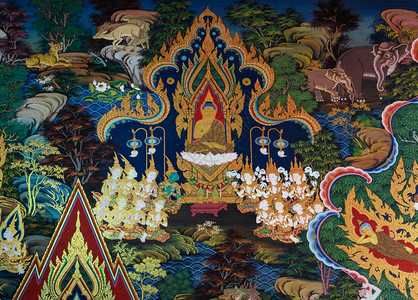 泰国阿尤塔亚古老佛教寺庙像画祖生命的壁画古董传统佛教徒图片