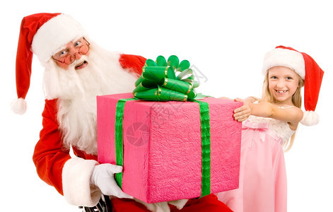 微笑圣诞节老人和小女孩白种背景眼镜图片