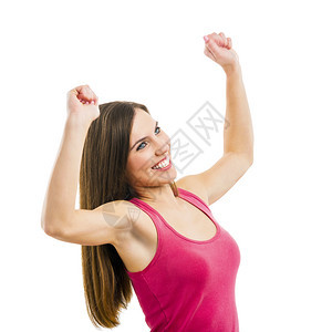 站立成功美丽的女人带着张开的双臂孤立在白色背景上笑图片