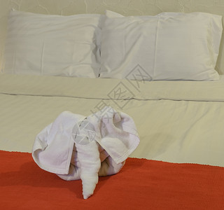 在泰国式旅馆卧室的白床上用大象形状的白毛巾红色双倍图片