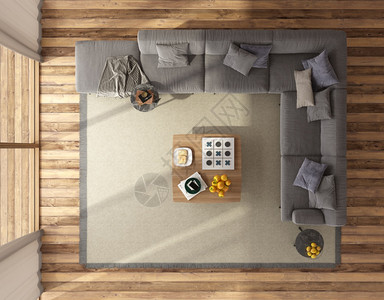 最顶端的一栋现代客厅地毯上有大沙发和咖啡桌3D显示一个拥有大沙发的现代客厅最顶端景象软垫居住内部的图片