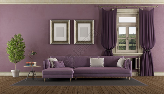 地面房间紫色复古客厅带有优雅沙发3D制成紫色复古客厅经典的图片