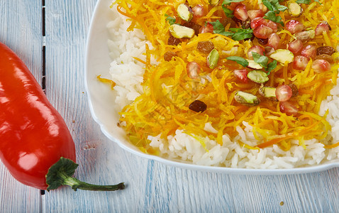 美食Norinj帕劳Basmati稻米干橙皮条阿富汗烹饪中亚各种传统菜盘TopView巴斯马蒂波语图片