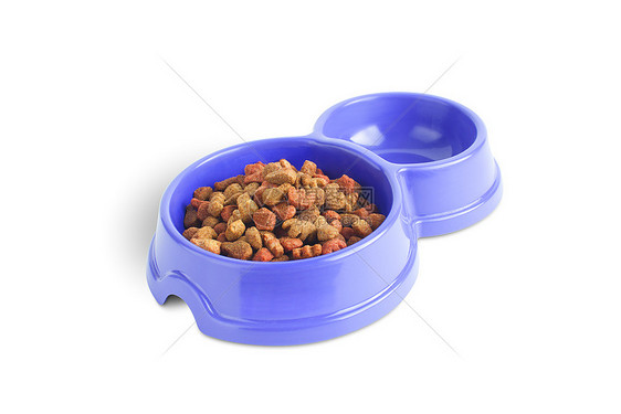 孤立在白色上的碗中猫食颜色浅褐的蓝图片