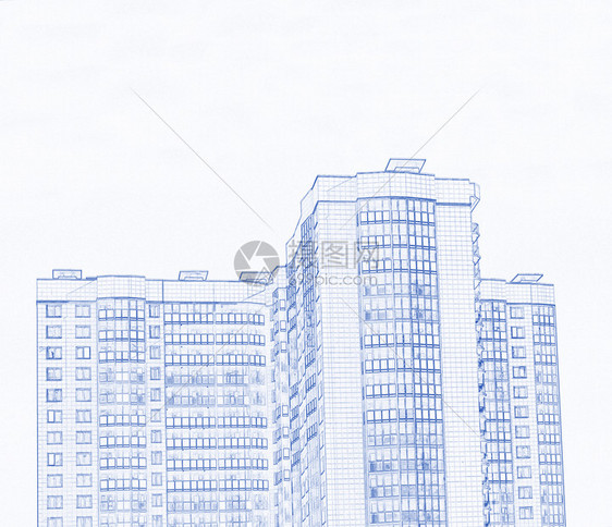 当代的在天空背景蓝图风格的基础上建造现代多层住宅楼的建筑图案设计风格结构体草案图片