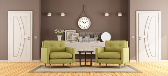 棕色和绿客厅褐和绿客厅有扶臂椅封闭的门和墙上壁边板3D家杯子镶木地板图片