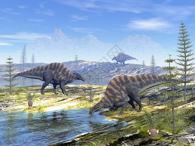 风景寻找水的Ouranosaurus恐龙3D渲染Ouranosaurus渲染喝史前图片