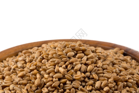 拼写白底绝缘的木碗中Spelt谷物丁克尔小麦全粮食图片