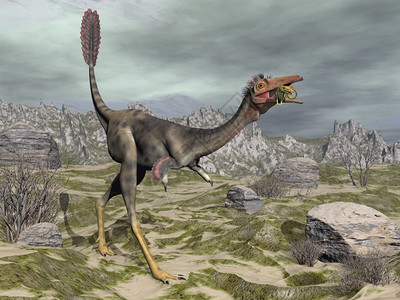 Monononykus恐龙吃蜥蜴壁虎在沙漠中走塔马里斯树旁的沙漠3D让莫诺尼库斯恐龙在沙漠里独角兽形象的一种图片
