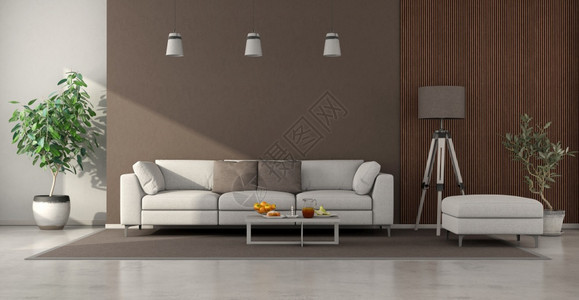 公寓带白色沙发棕墙壁和木板面的小型客厅3D制成带有白色沙发的小型客厅控制板家具图片