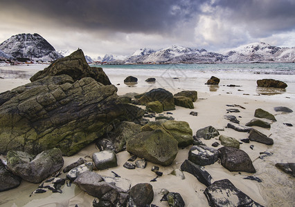 冬季挪威海湾的落岩岸与挪威洛福滕群岛豪克兰海滩下雪天空景观洛基图片