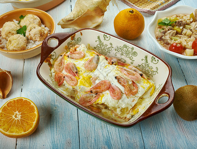 克里奥拉CajunLaasagna南方海产食品的意大利面条克里奥尔语烹饪传统各种菜盘TopView美食海鲜图片