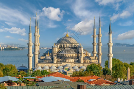 蓝色火鸡天空旅行吸引力土耳其伊斯坦布尔Sultanahmet清真寺蓝色背景