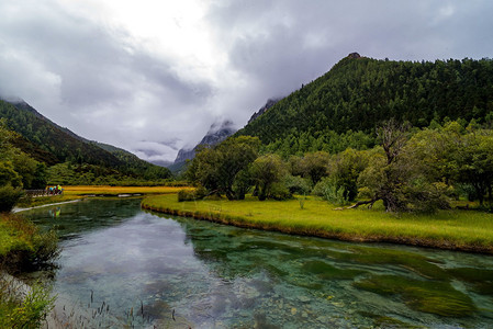 景观天旅行四川道强县亚丁自然保护区的河流经山林和牧草流向四川道成县图片