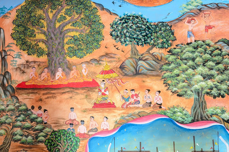 泰国清迈寺庙墙上过去泰国Lanna生命的泰壁画麦古老的库姆图片