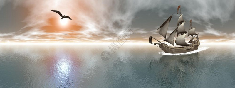 使成为鸟海上漂浮在鸥旁边的盗船日落时空飞行360度影响海盗船360度影响3D水图片
