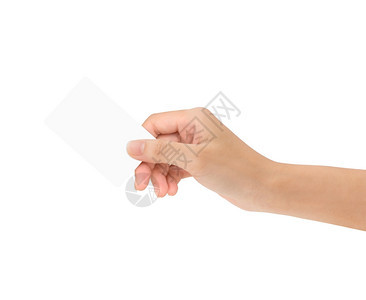 礼物拇指手持空白卡与内部剪切路径隔离营销图片