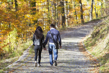 爱森林年轻夫妇在秋的公园里散步农村图片