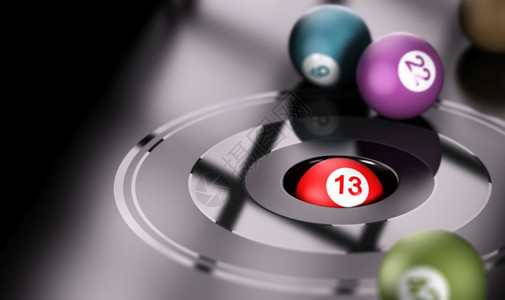 使成为概念机会和13号一球在洞里与周围其他球一起的洞里概念3D让图像游戏机会和13号场地彩票图片