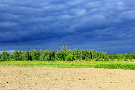 阴沉自然在雨风前云下森林和陆地有乌蓝的云雨前的天空全景图片