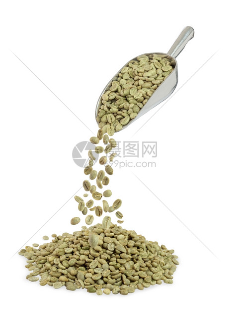 豆子饮料大量的绿色咖啡豆和白的独金属勺喝图片