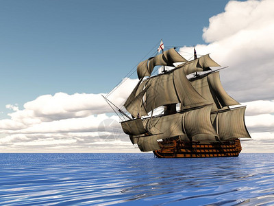桅杆白色的古老HSM胜利号飞船美丽而详细的老船由云端天漂浮在海洋上3D图片