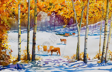 原始水彩色画在秋都造墙壁美的艺术印刷品中古初有雪毯子的牧牛场上秋天农艺术品图片