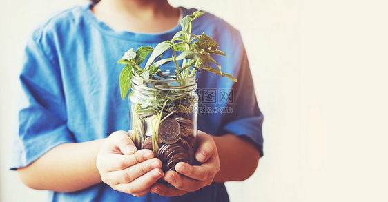 手捧着装满钱币和植物的小男孩图片